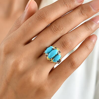 D'Joy AAA Sonoran Turquoise and Blue Sapphire 4.90 ctw Ring in 18K Vermeil YG and Rhodium Over Sterling Silver (Size 6.0)
