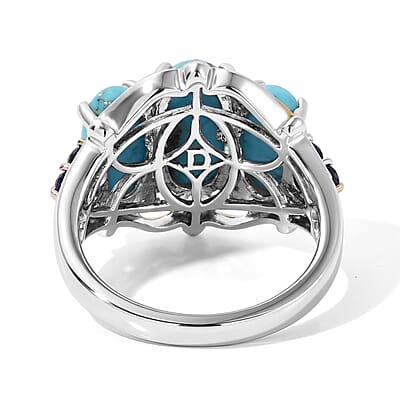 D'Joy AAA Sonoran Turquoise and Blue Sapphire 4.90 ctw Ring in 18K Vermeil YG and Rhodium Over Sterling Silver (Size 6.0)