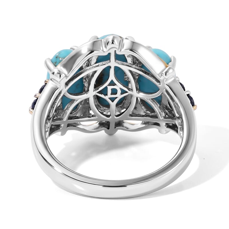 D'Joy AAA Sonoran Turquoise and Blue Sapphire 4.90 ctw Azure Trinity Ring in 18K Vermeil YG and Rhodium Over Sterling Silver (Size 6.0)