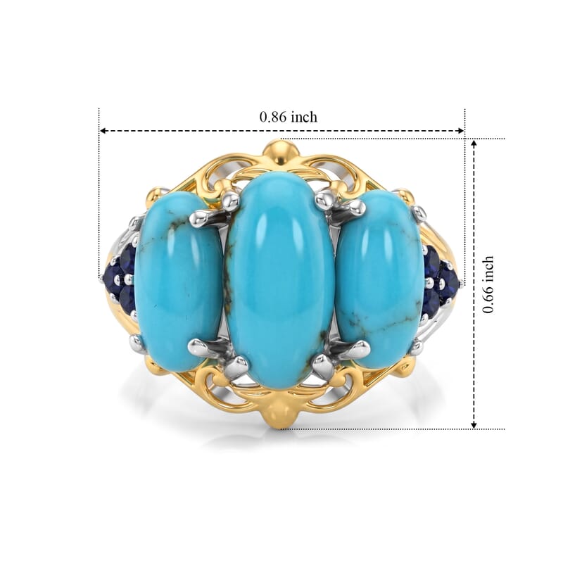 D'Joy AAA Sonoran Turquoise and Blue Sapphire 4.90 ctw Azure Trinity Ring in 18K Vermeil YG and Rhodium Over Sterling Silver (Size 6.0)