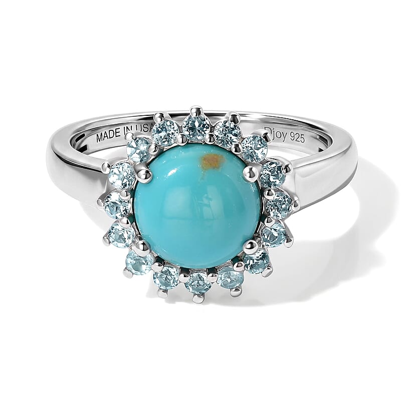 D'Joy AAA Sonoran Turquoise and Blue Apatite 2.20 ctw Halo Ring in Rhodium Over Sterling Silver (Size 6.0)