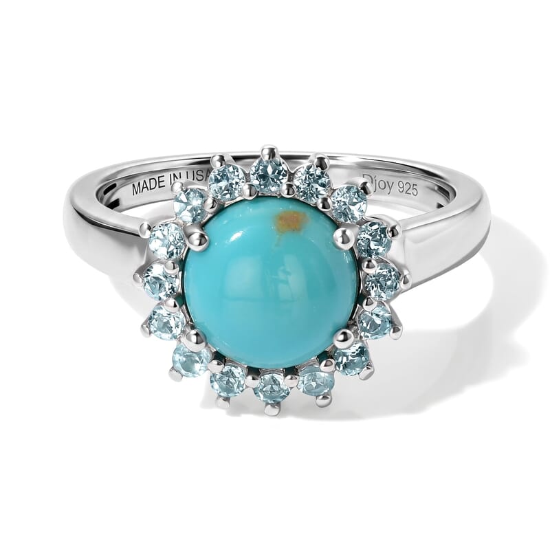 D'Joy AAA Sonoran Turquoise and Blue Apatite 2.20 ctw Halo Ring in Rhodium Over Sterling Silver (Size 7.0)
