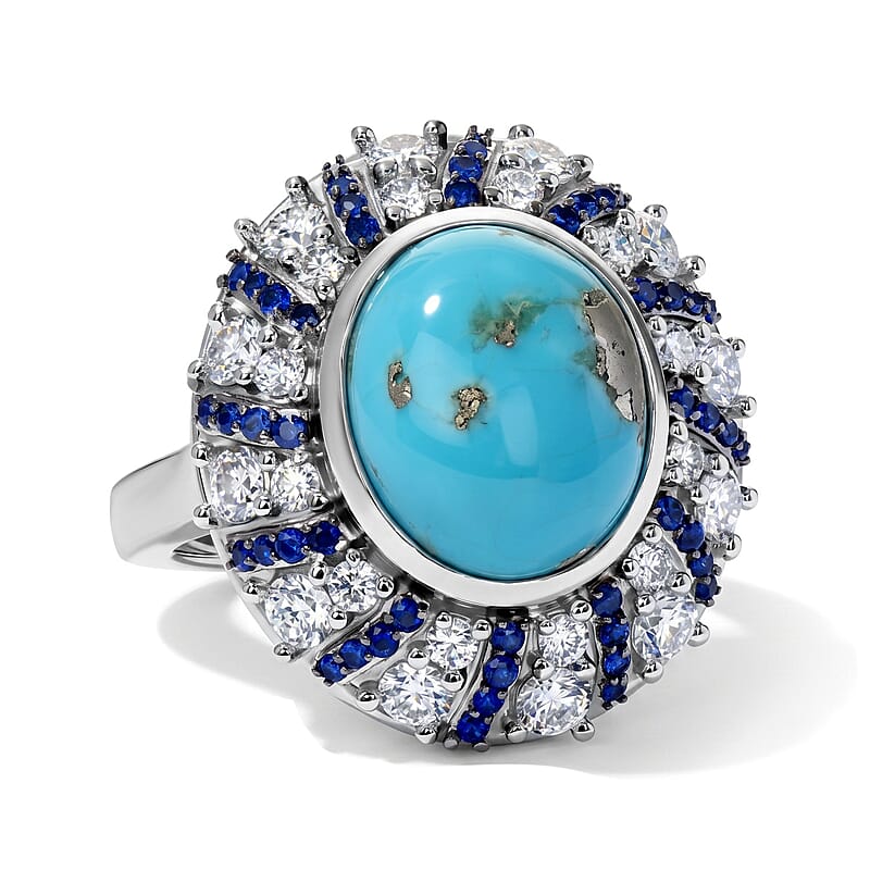 D'Joy AAA Sonoran Turquoise and Multi Gemstone 5.40 ctw Ring in Rhodium Over Sterling Silver (Size 6.0)