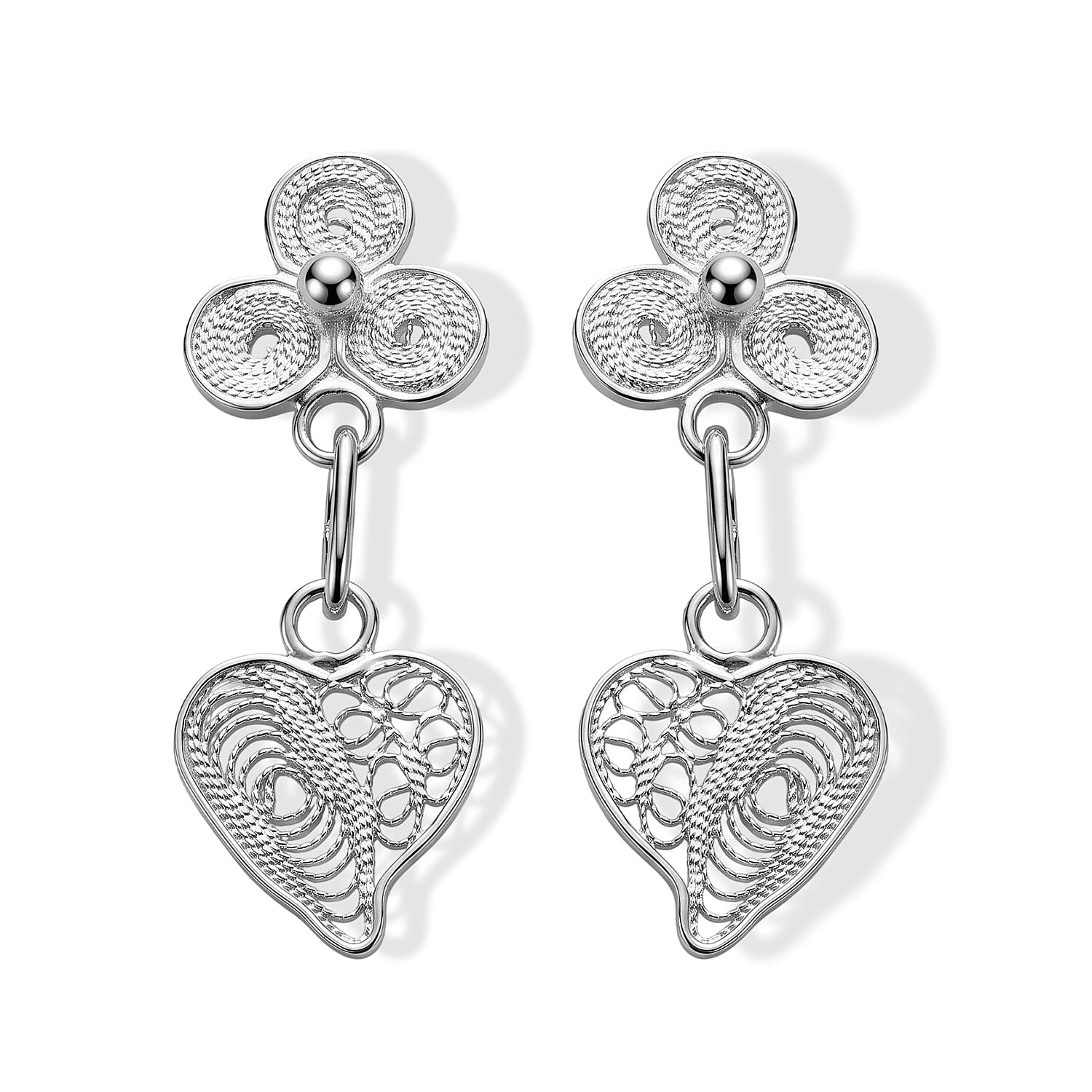 Clover and Filigree Heart Dangle Earrings in Sterling Silver 1.85 Grams