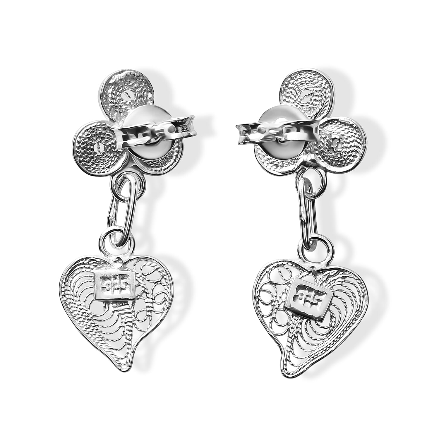 Clover and Filigree Heart Dangle Earrings in Sterling Silver 1.85 Grams