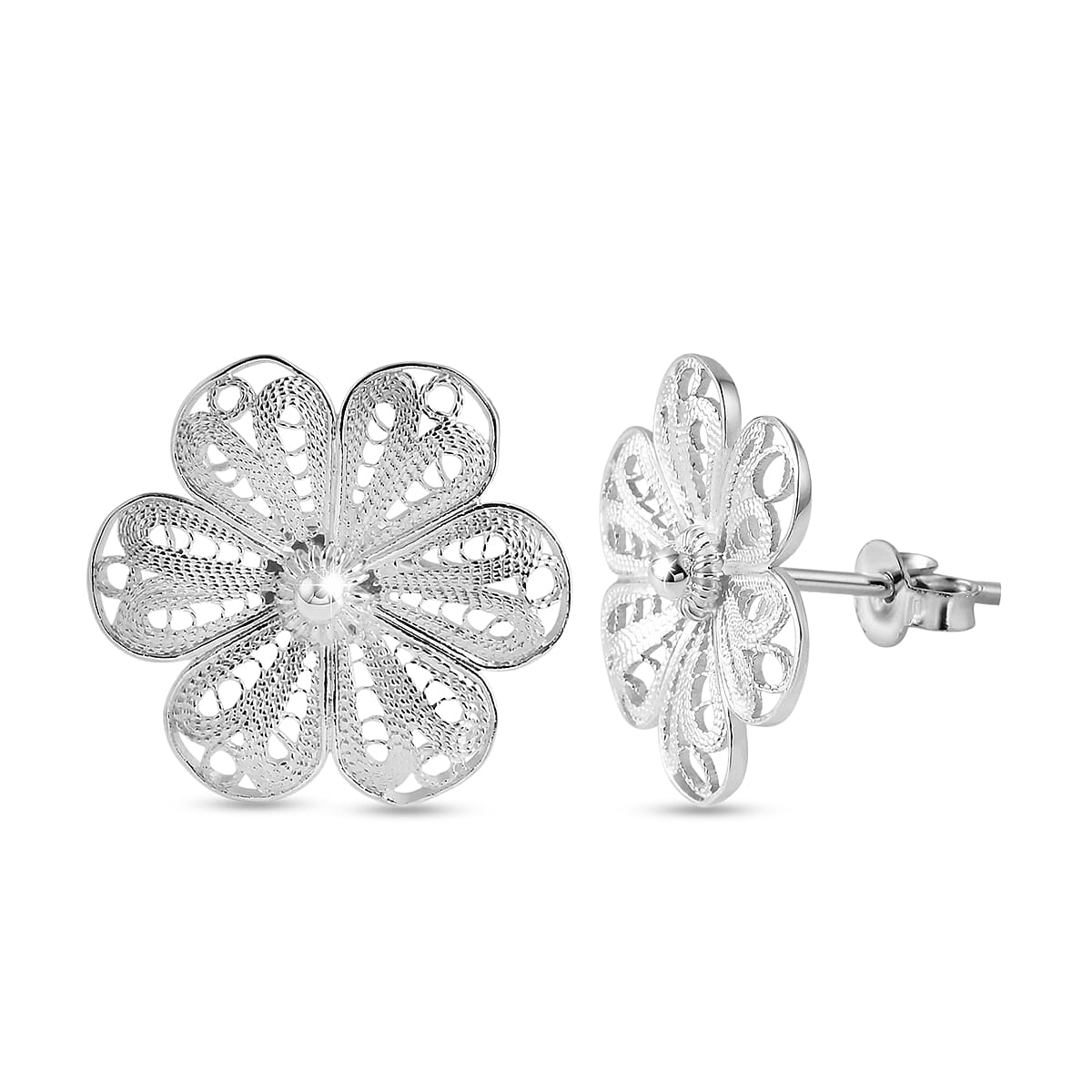 Filigree Flower Stud Earrings in Sterling Silver 2.60 Grams