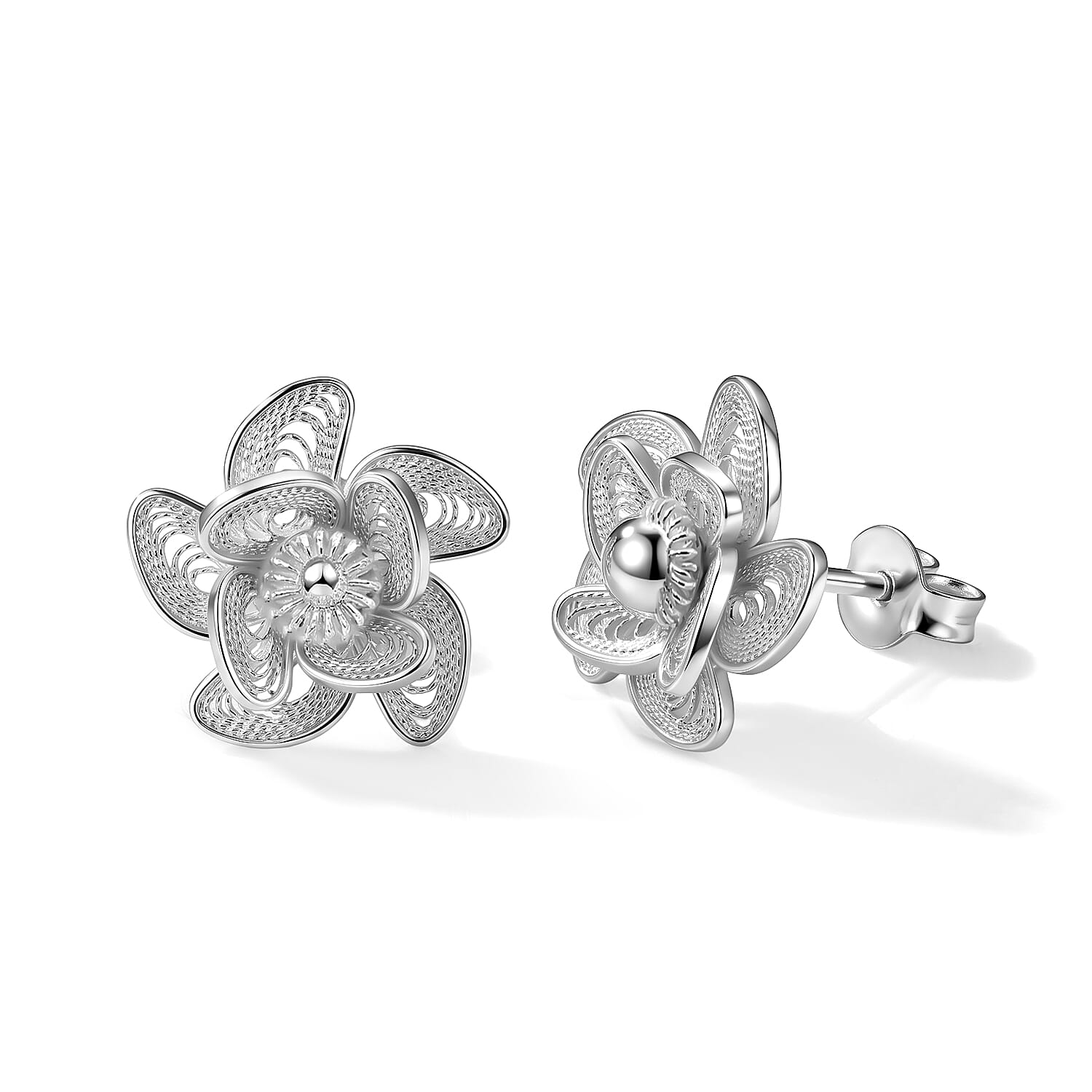 Textured Flower Stud Earrings in Sterling Silver 2.40 Grams