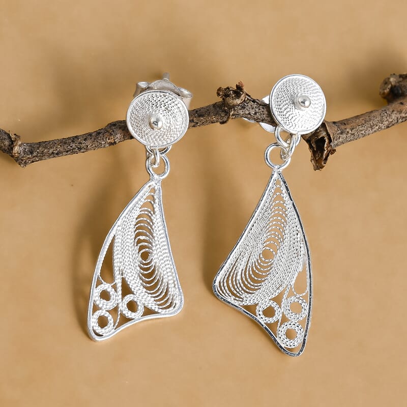 Filigree Fan Dangle Earrings in Sterling Silver 2.25 Grams