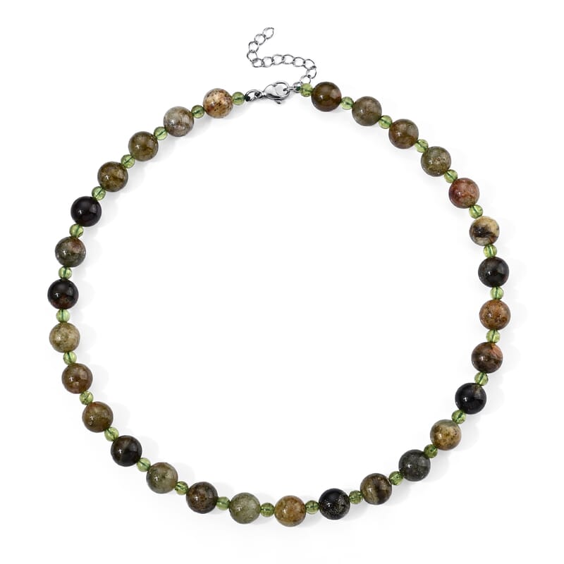 Green Garnet and Peridot 350.00 ctw Beaded Necklace in Stainless Steel (18 Inches)