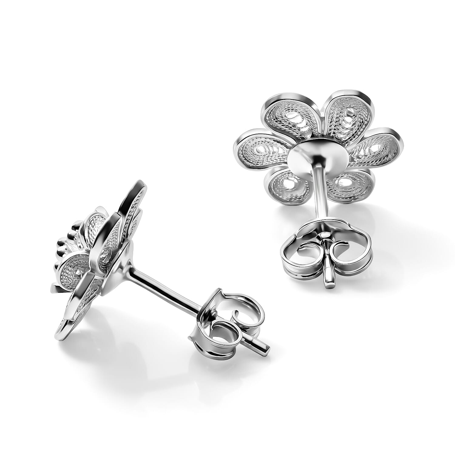 Engraved Flower Stud Earrings in Sterling Silver 2.50 Grams