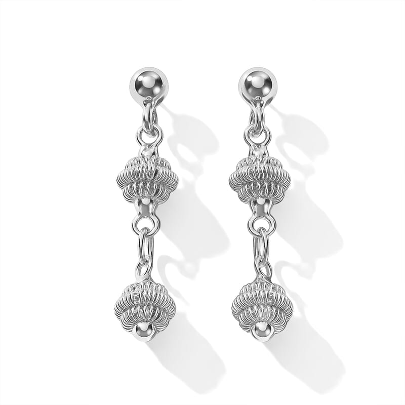 Ribbed Bead Drop Earrings in Sterling Silver 2.25 Grams