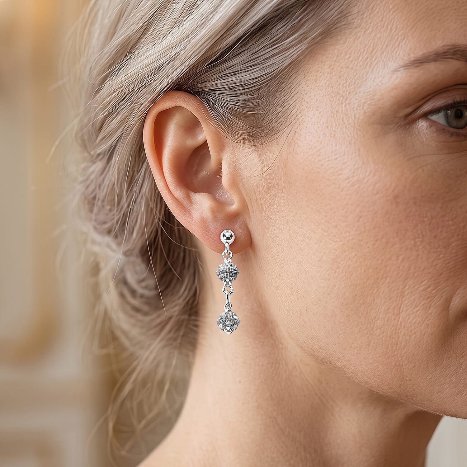 Ribbed Bead Drop Earrings in Sterling Silver 2.25 Grams