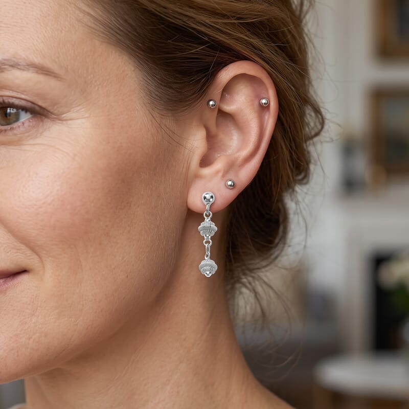 Ribbed Bead Drop Earrings in Sterling Silver 2.25 Grams