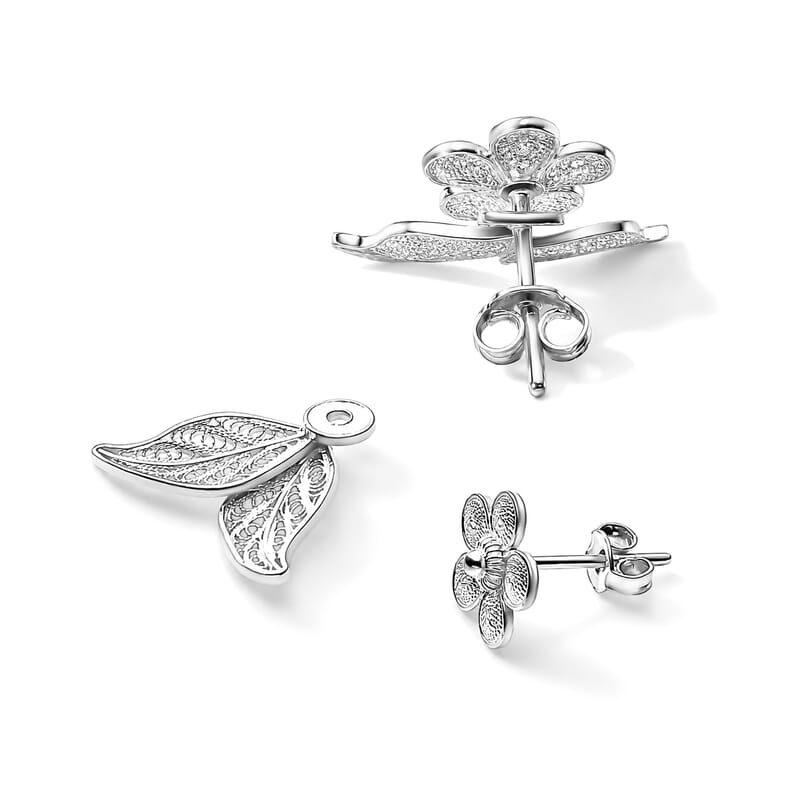 Filigree Leaf Drop and Flower Stud Set Earrings in Sterling Silver 3.40 Grams