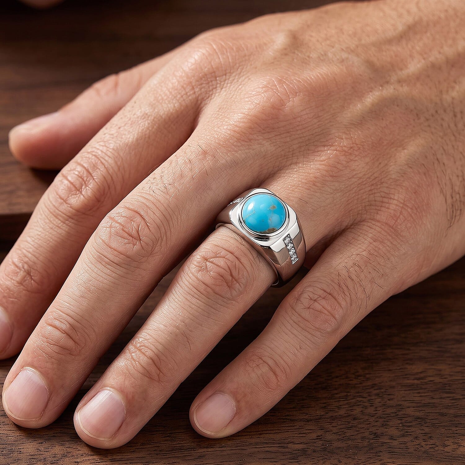 EverTrue AAA Sonoran Turquoise and Moissanite 3.65 ctw Men's Ring in Platinum Bond (Size 10.0)