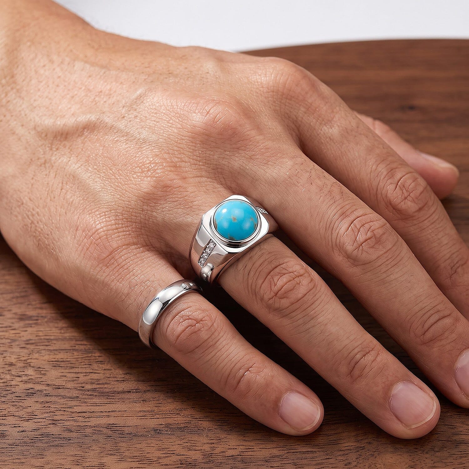 EverTrue AAA Sonoran Turquoise and Moissanite 3.65 ctw Men's Ring in Platinum Bond (Size 10.0)