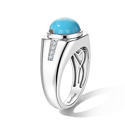 EverTrue AAA Sonoran Turquoise and Moissanite 3.65 ctw Men's Ring in Platinum Bond (Size 10.0)