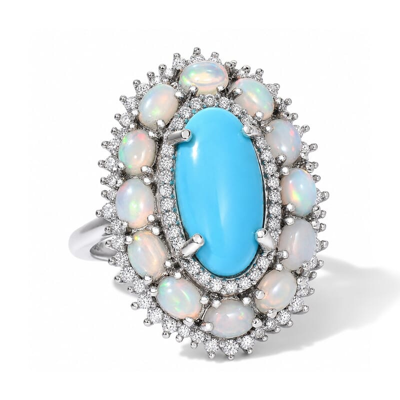 D'Joy AAA Sonoran Turquoise and Multi Gemstone 4.85 ctw Blue Majesty Ring in Rhodium Over Sterling Silver (Size 6.0)