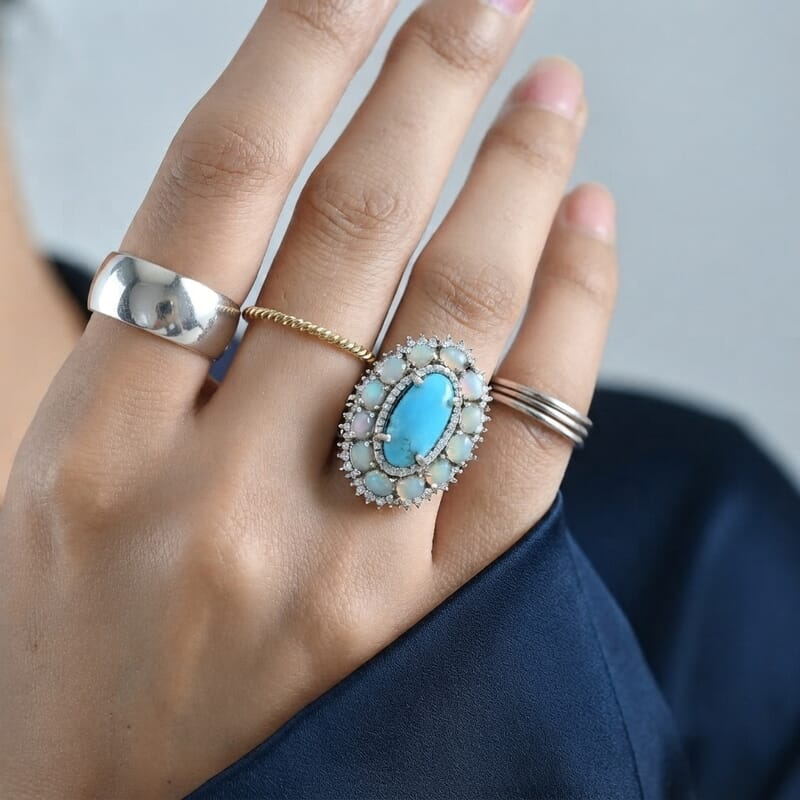 D'Joy AAA Sonoran Turquoise and Multi Gemstone 4.85 ctw Blue Majesty Ring in Rhodium Over Sterling Silver (Size 6.0)