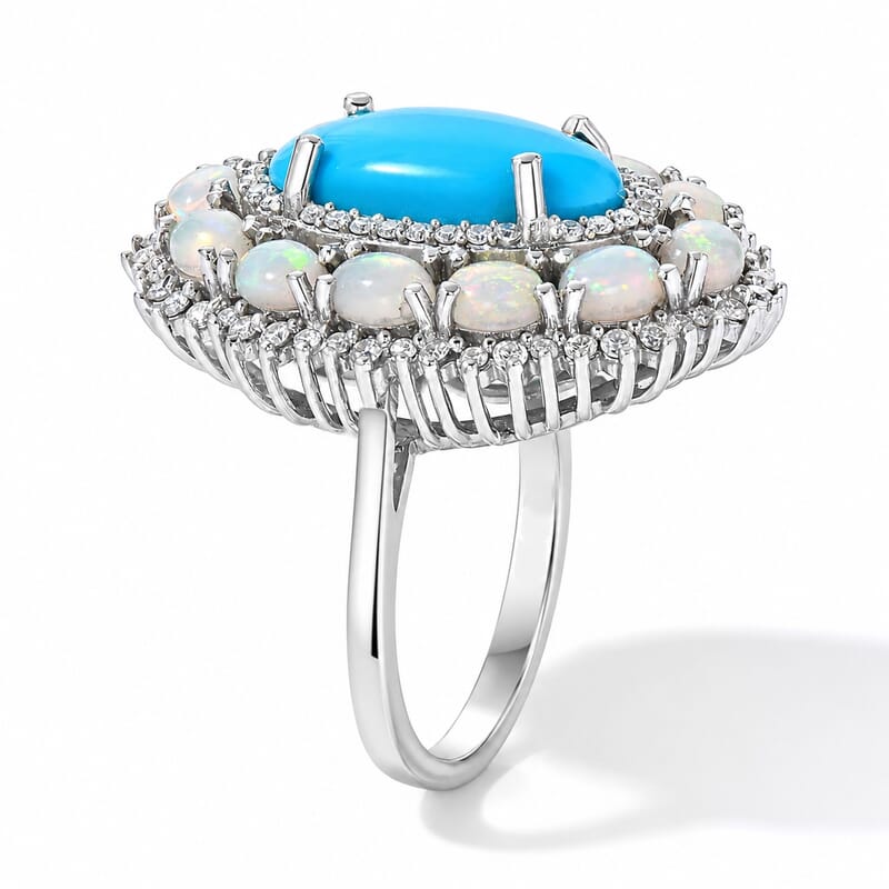 D'Joy AAA Sonoran Turquoise and Multi Gemstone 4.85 ctw Blue Majesty Ring in Rhodium Over Sterling Silver (Size 6.0)
