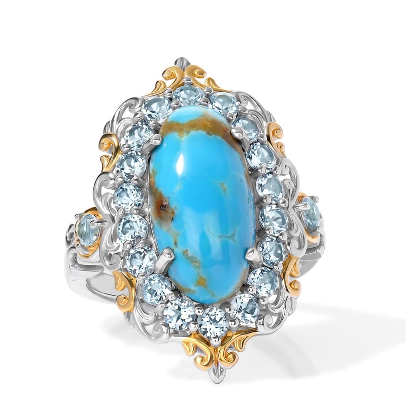 D'Joy AAA Sonoran Turquoise and Swiss Blue Topaz 5.60 ctw Floral Radiance Ring in 18K Vermeil YG and Rhodium Over Sterling Silver (Size 6.0)