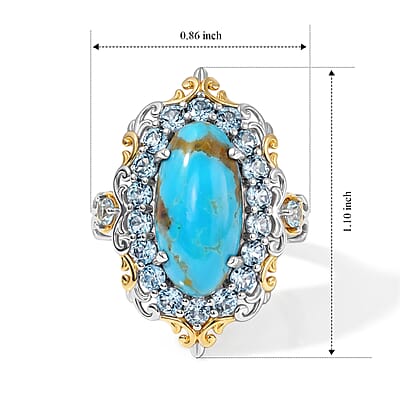 D'Joy AAA Sonoran Turquoise and Swiss Blue Topaz 5.60 ctw Ring in 18K Vermeil YG and Rhodium Over Sterling Silver (Size 6.0)