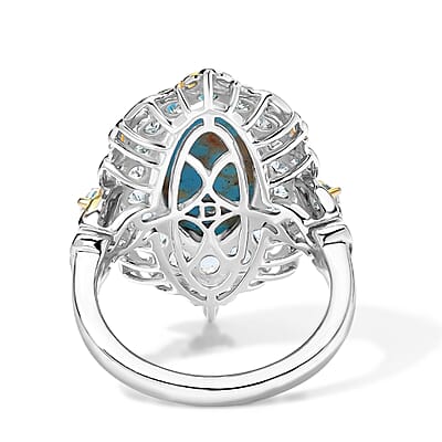D'Joy AAA Sonoran Turquoise and Swiss Blue Topaz 5.60 ctw Floral Radiance Ring in 18K Vermeil YG and Rhodium Over Sterling Silver (Size 7.0)