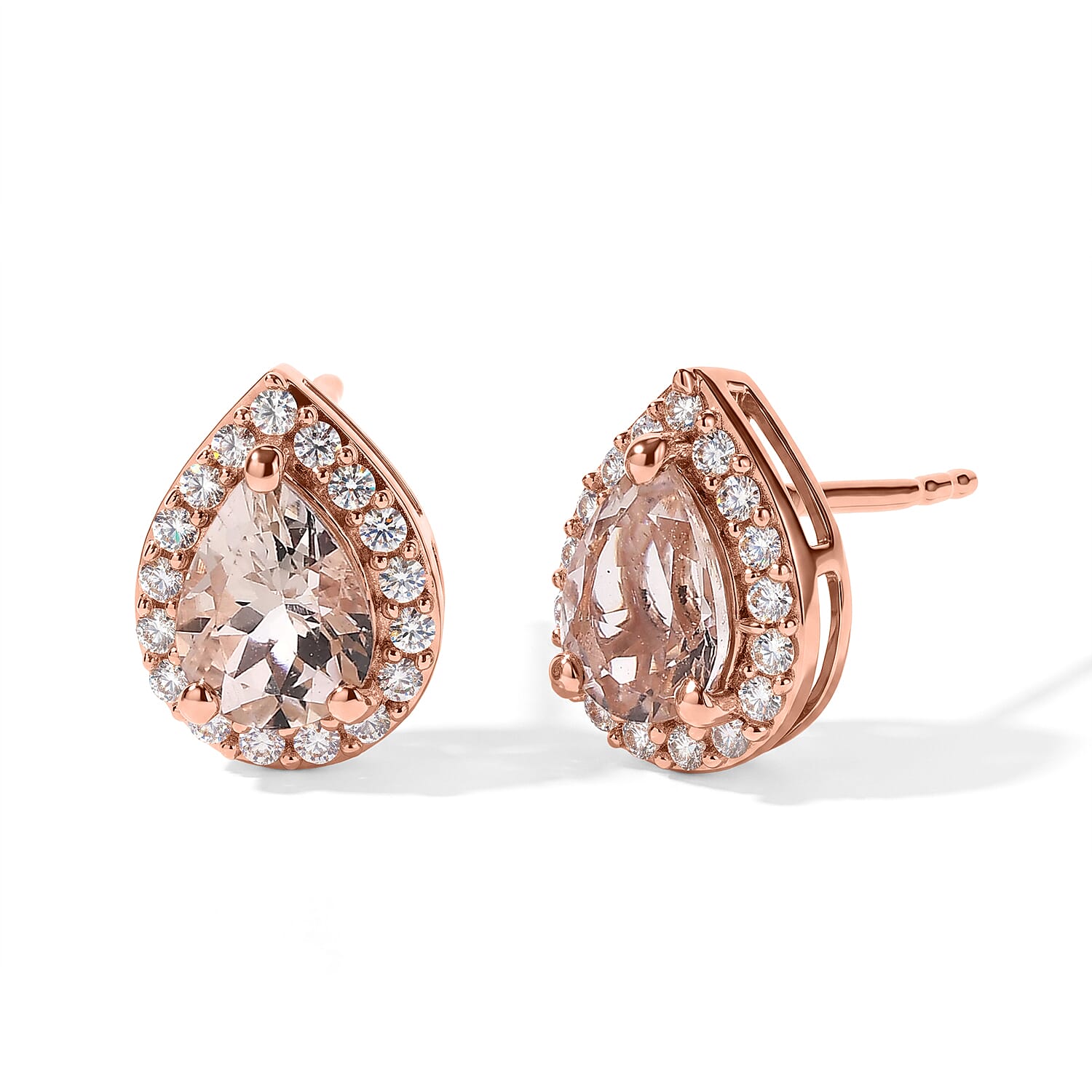 D'Joy Premium Marropino Morganite and Moissanite 1.60 ctw Earrings in 18K Vermeil Rose Gold Over Sterling Silver