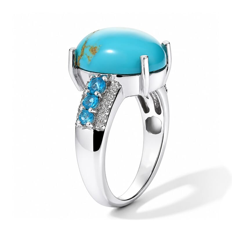 D'Joy AAA Sonoran Turquoise and Multi Gemstone 5.50 ctw Blue Essence Ring in Rhodium Over Sterling Silver (Size 6.0)