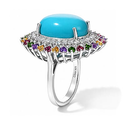D'Joy AAA Sonoran Turquoise, Multi Gemstone 9.75 ctw Ring in Rhodium Over Sterling Silver (Size 6.0)
