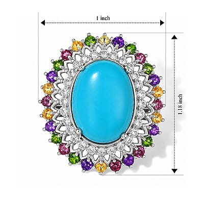 D'Joy AAA Sonoran Turquoise, Multi Gemstone 9.75 ctw Ring in Rhodium Over Sterling Silver (Size 6.0)