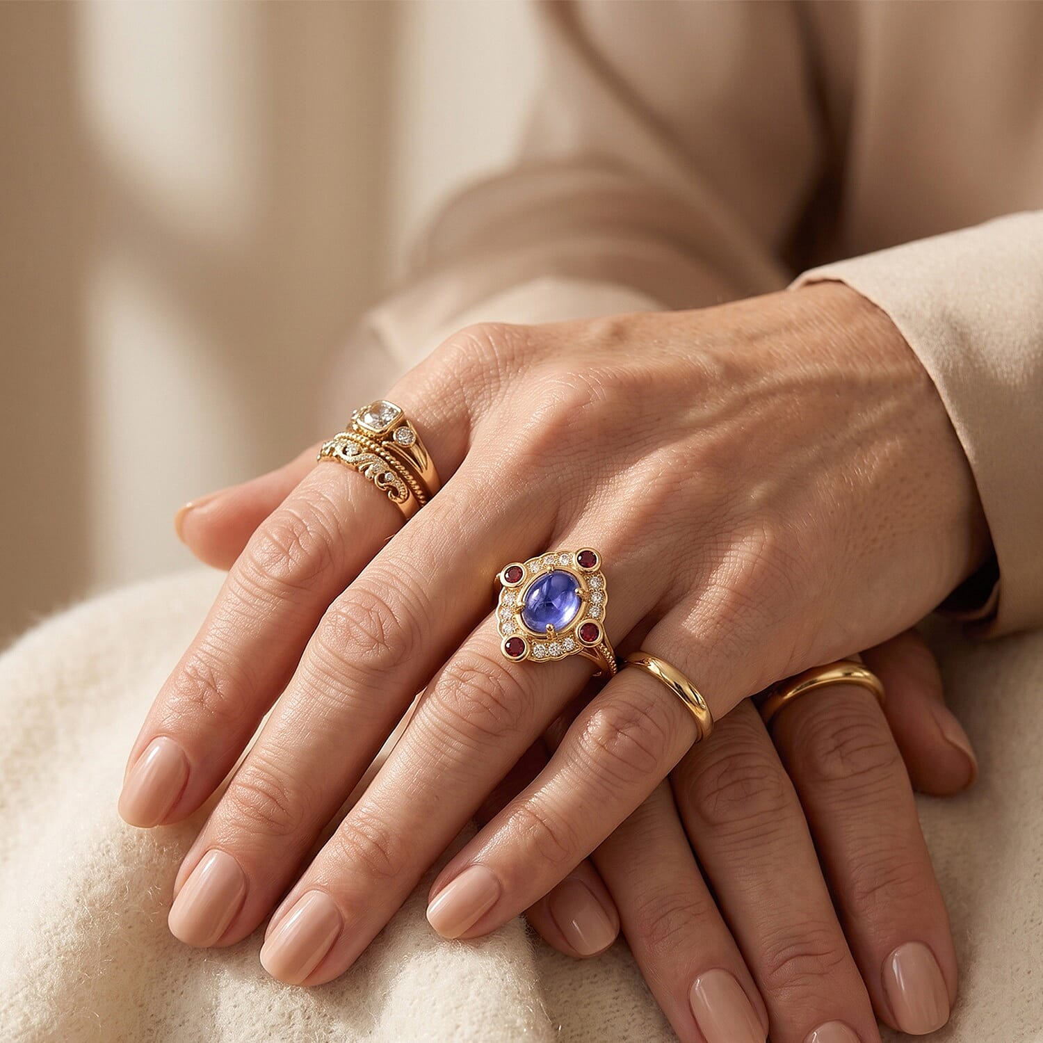 EverTrue Tanzanite and Multi Gemstone 3.30 ctw Ring in 18K YG Plated (Size 5.0)