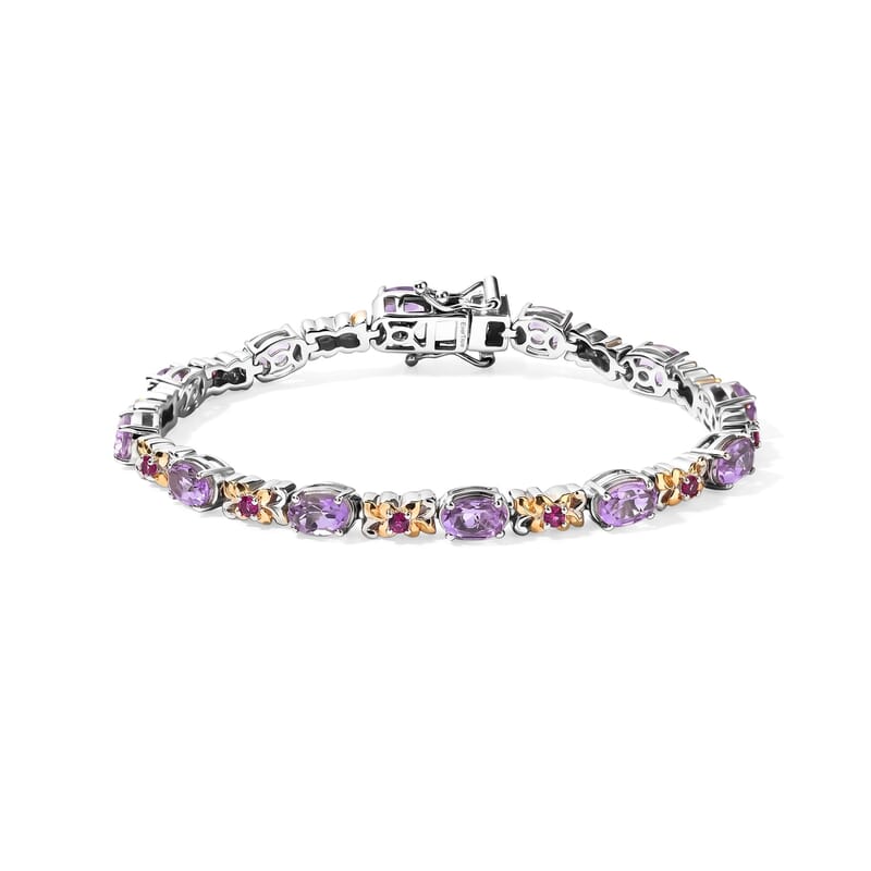 EverTrue Rose De France Amethyst and Orissa Rhodolite Garnet 5.40 ctw Aurora Vine Bracelet in 18K YG Plated and Platinum Bond (6.50 In)