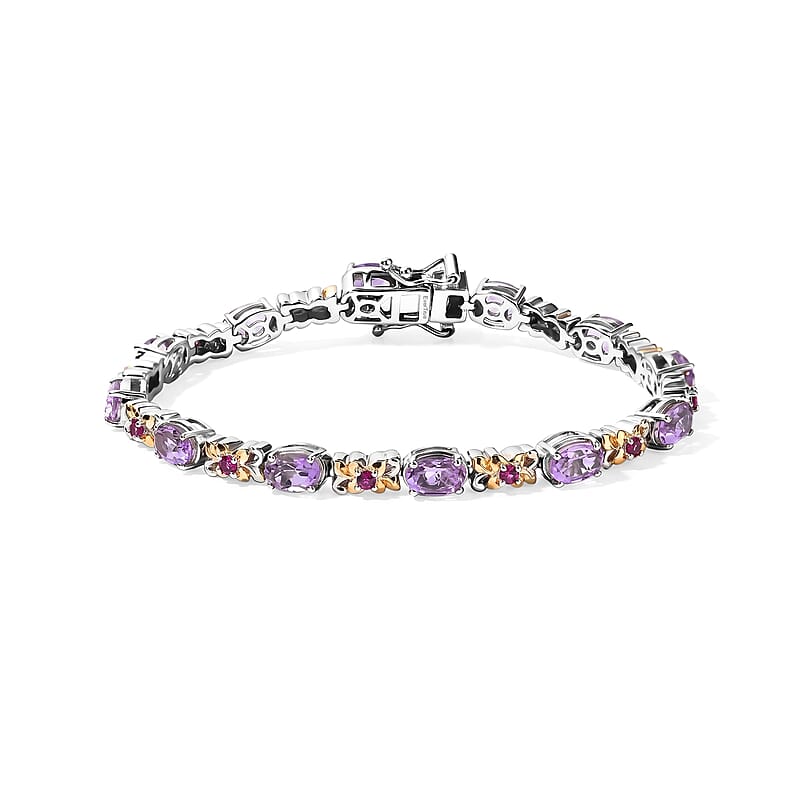 EverTrue Rose De France Amethyst and Orissa Rhodolite Garnet 5.40 ctw Bracelet in 18K YG Plated and Platinum Bond (6.50 In)