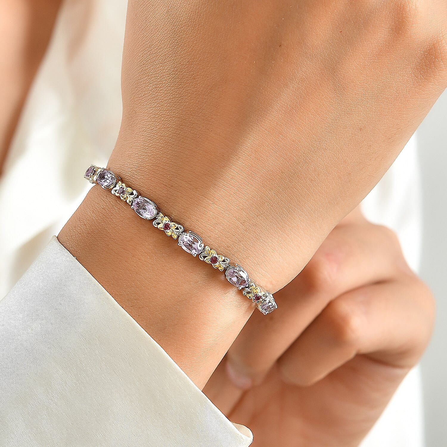 EverTrue Rose De France Amethyst and Orissa Rhodolite Garnet 5.40 ctw Bracelet in 18K YG Plated and Platinum Bond (6.50 In)