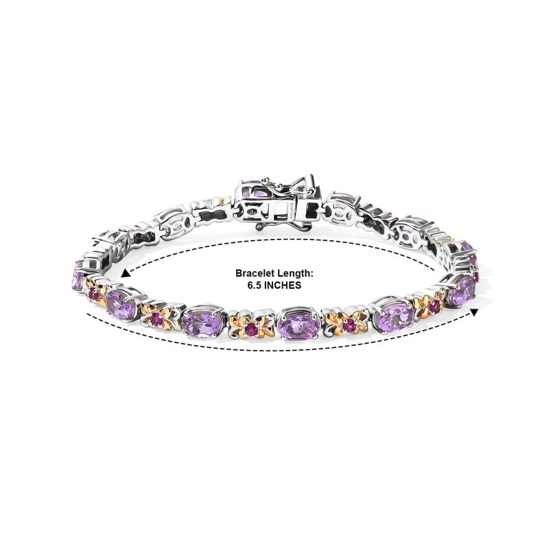 EverTrue Rose De France Amethyst and Orissa Rhodolite Garnet 5.40 ctw Aurora Vine Bracelet in 18K YG Plated and Platinum Bond (6.50 In)