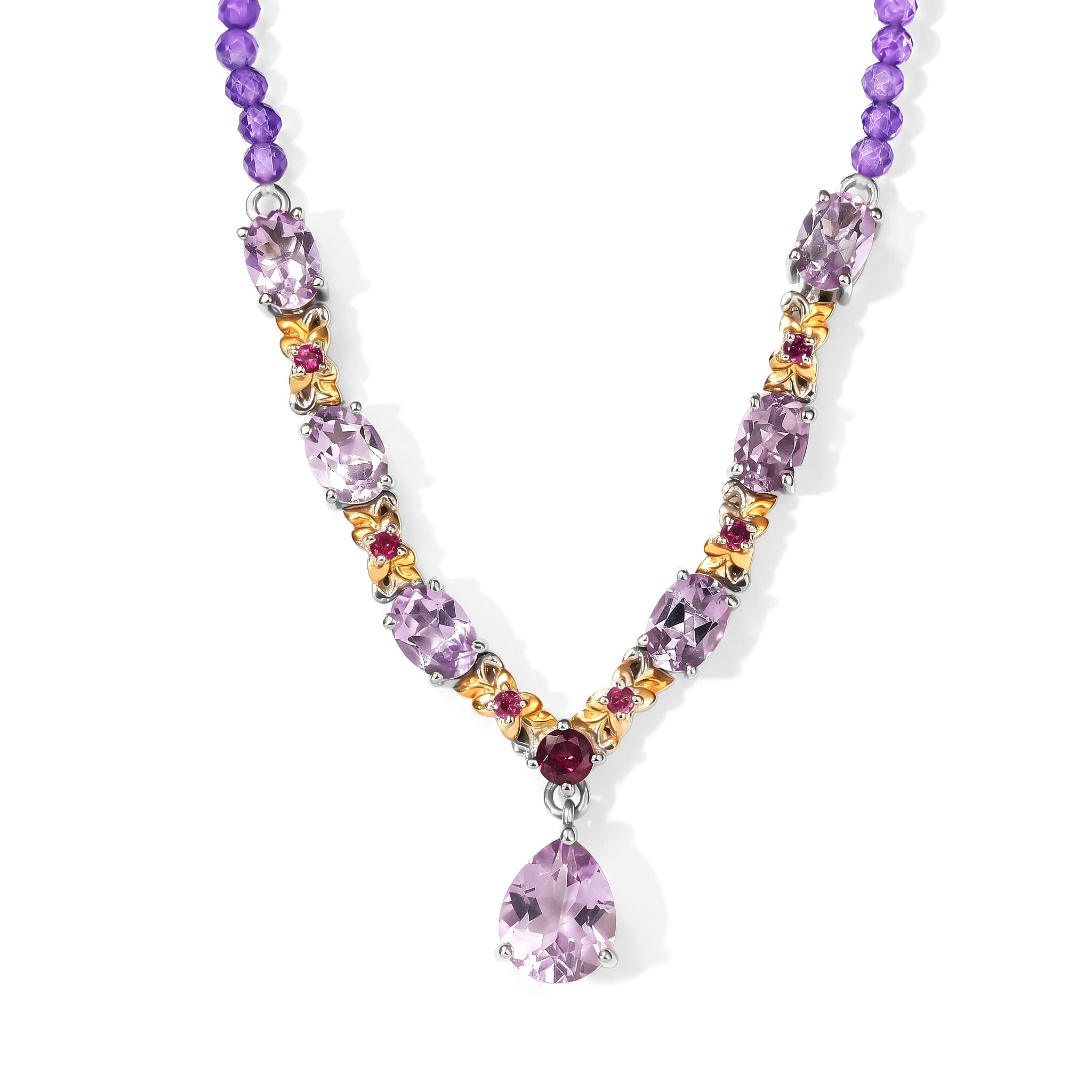 EverTrue Rose De France Amethyst and Multi Gemstone 27.40 ctw Necklace (18 Inches) in 18K YG Plated and Platinum Bond