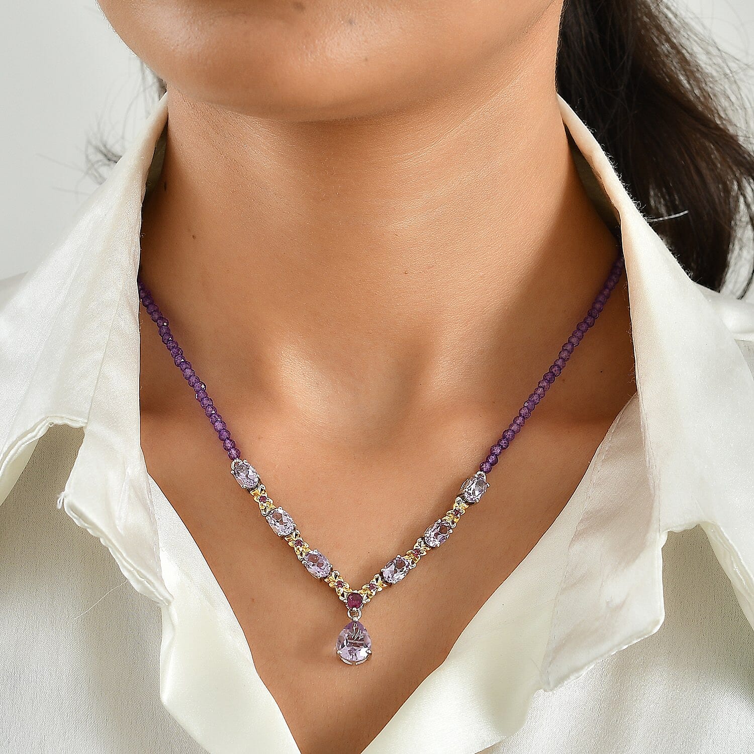 EverTrue Rose De France Amethyst and Multi Gemstone 27.40 ctw Necklace (18 Inches) in 18K YG Plated and Platinum Bond