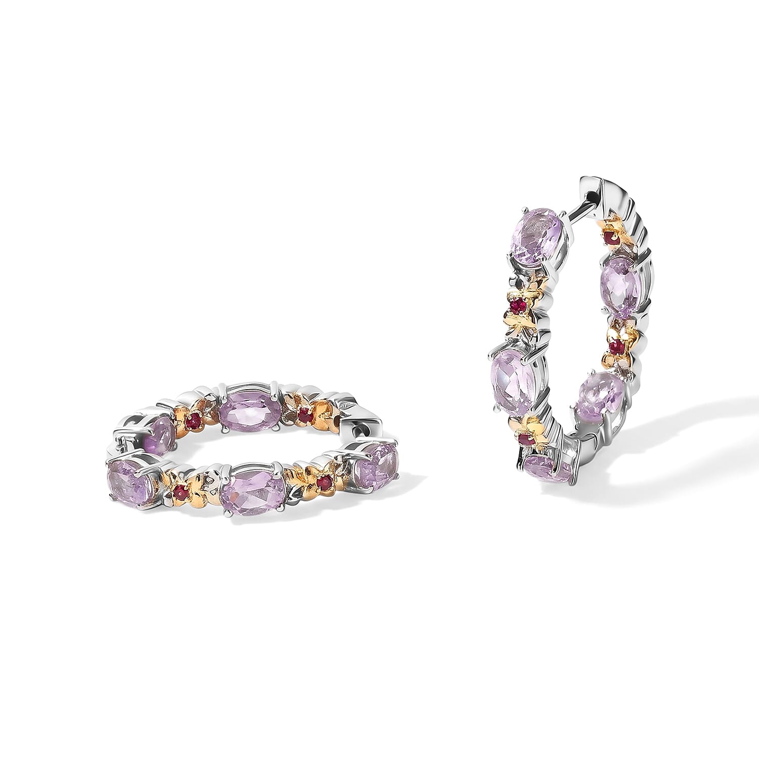 EverTrue Rose De France Amethyst and Orissa Rhodolite Garnet 4.50 ctw Hoop Earrings in 18K YG Plated and Platinum Bond
