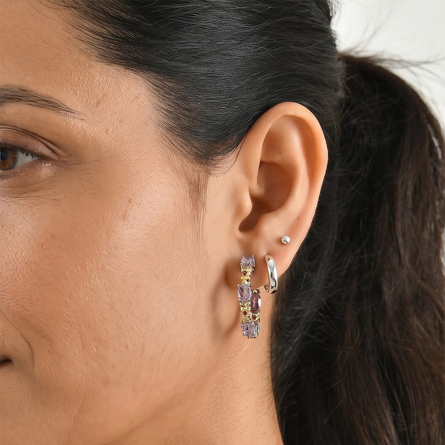 EverTrue Rose De France Amethyst and Orissa Rhodolite Garnet 4.50 ctw Hoop Earrings in 18K YG Plated and Platinum Bond