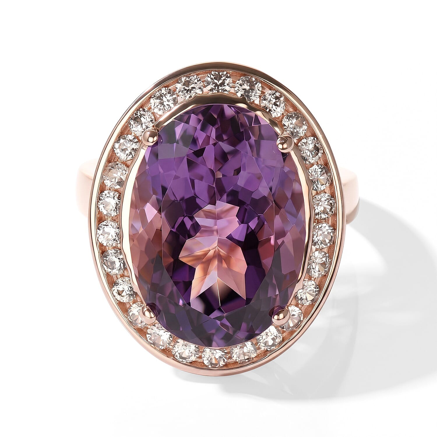 EverTrue Rose De France Amethyst and White Zircon 13.60 ctw Stellar Halo Ring in 18K RG Plated (Size 6.0)
