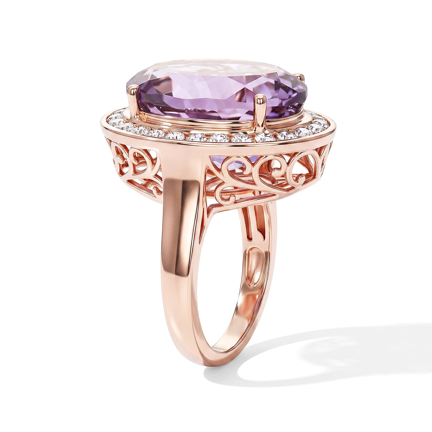 EverTrue Rose De France Amethyst and White Zircon 13.60 ctw Stellar Halo Ring in 18K RG Plated (Size 6.0)