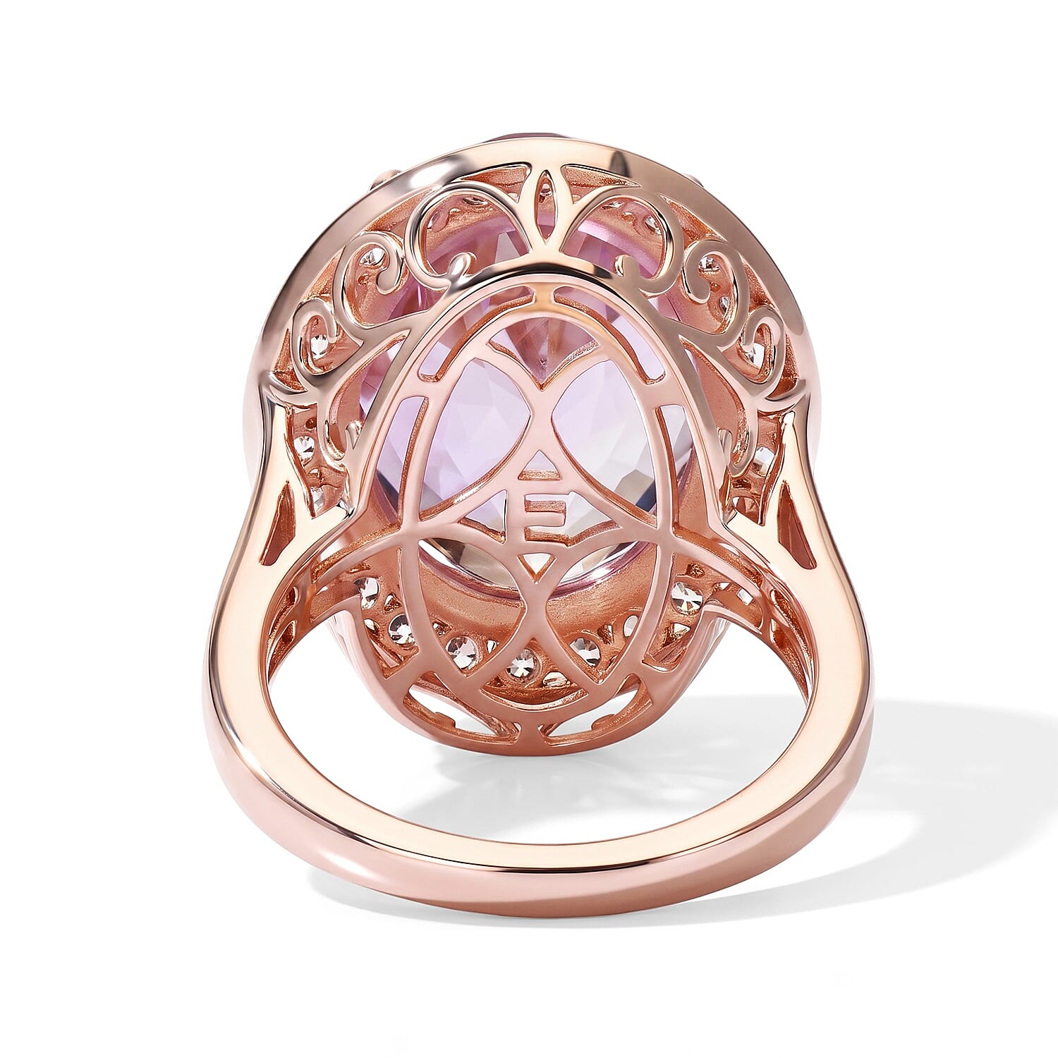 EverTrue Rose De France Amethyst and White Zircon 13.60 ctw Stellar Halo Ring in 18K RG Plated (Size 6.0)