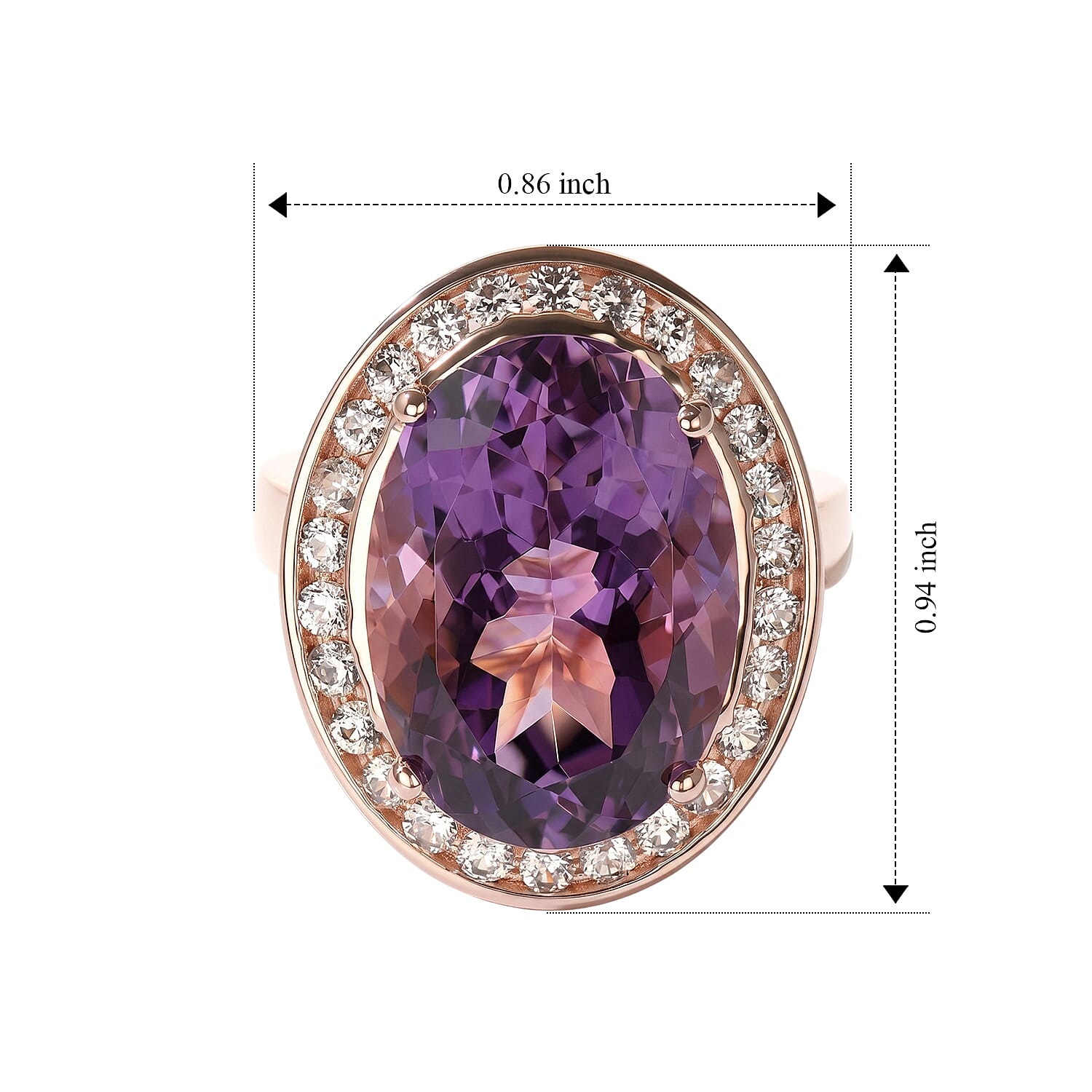 EverTrue Rose De France Amethyst and White Zircon 13.60 ctw Stellar Halo Ring in 18K RG Plated (Size 6.0)