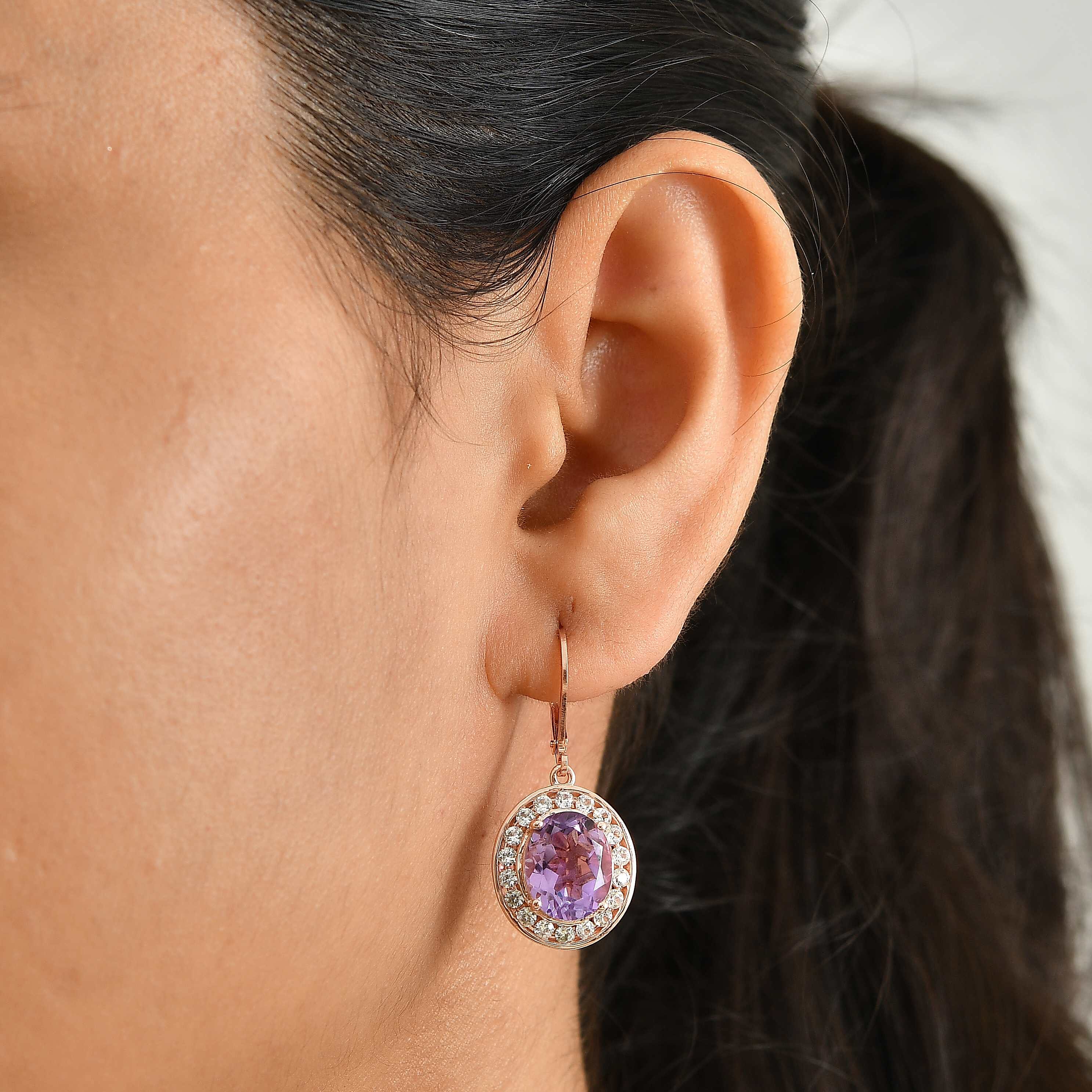 EverTrue Rose De France Amethyst and White Zircon 8.60 ctw Earrings in 18K RG Plated