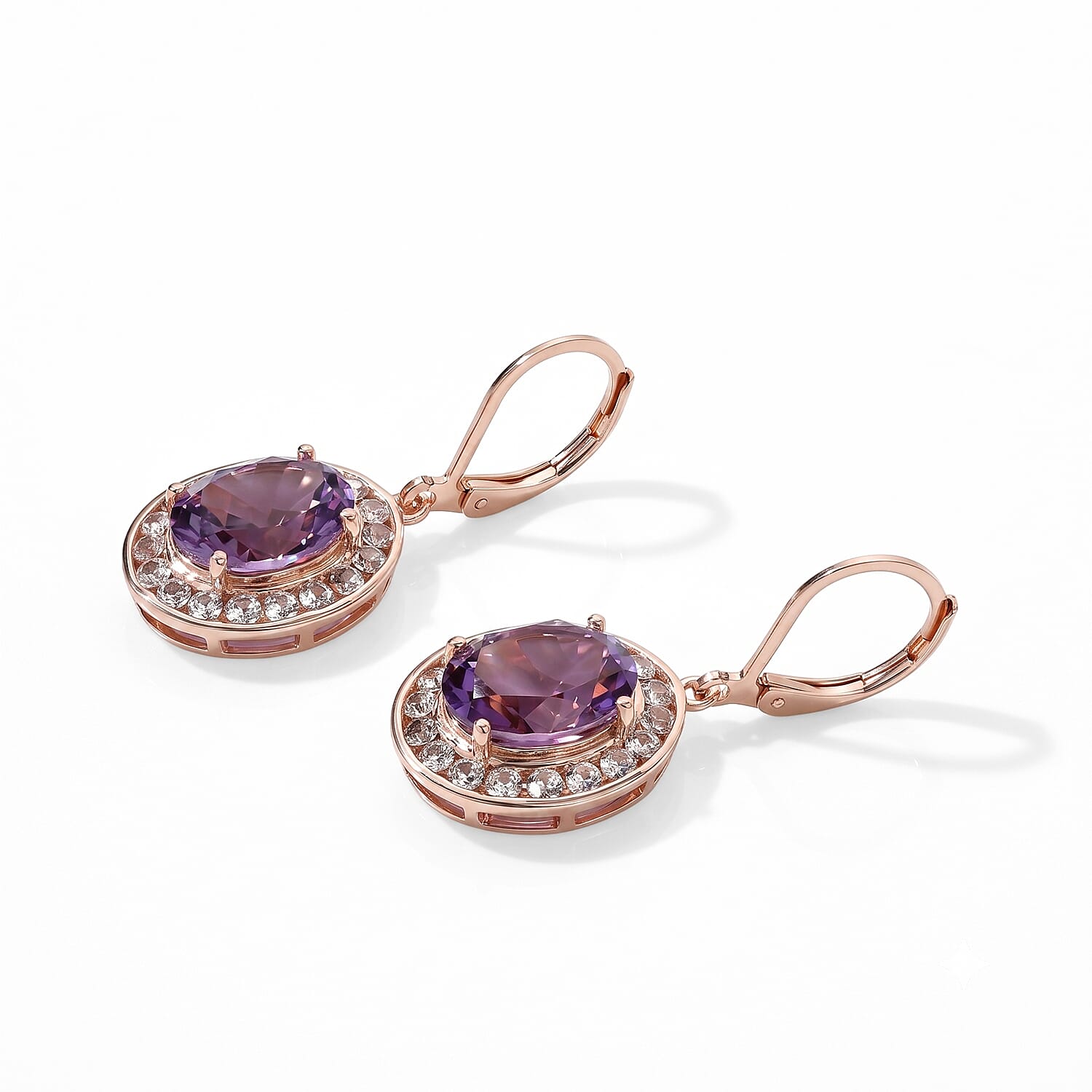 EverTrue Rose De France Amethyst and White Zircon 8.60 ctw Earrings in 18K RG Plated