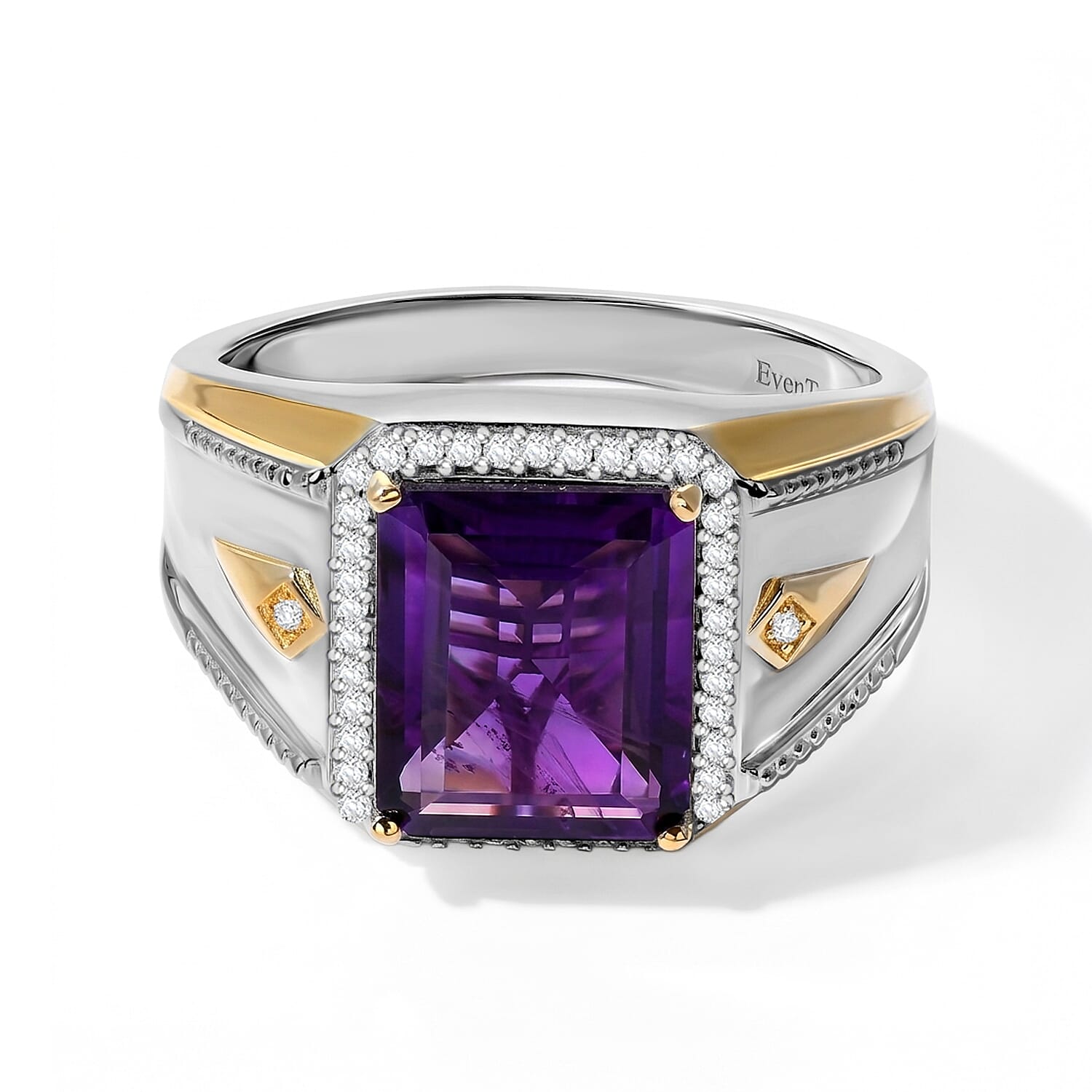 EverTrue African Amethyst and Moissanite 5.80 ctw Men's Ring in 18K YG Plated and Platinum Bond (Size 10.0)