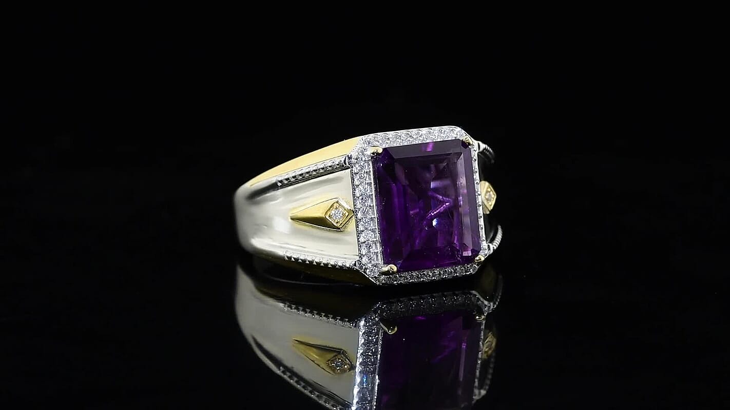 EverTrue African Amethyst and Moissanite 5.80 ctw Men's Ring in 18K YG Plated and Platinum Bond (Size 12.0)