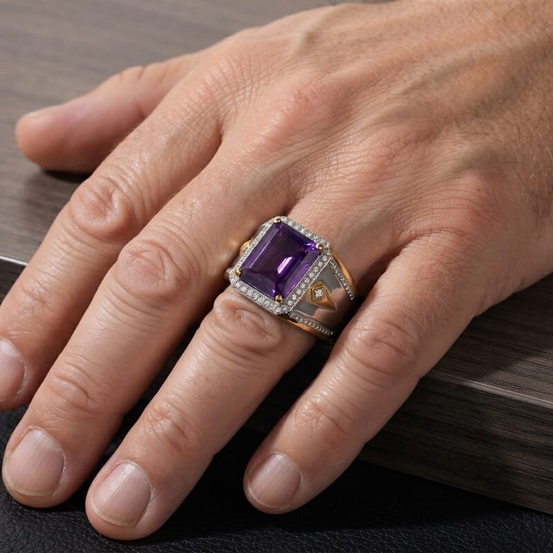 EverTrue African Amethyst and Moissanite 5.80 ctw Men's Ring in 18K YG Plated and Platinum Bond (Size 10.0)