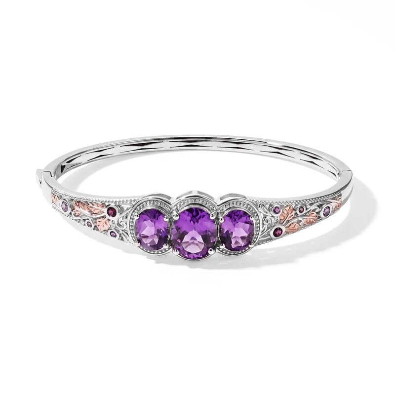 EverTrue Rose De France Amethyst and Multi Gemstone 9.60 ctw Cosmic Aurora Bangle Bracelet in 18K RG Plated and Platinum Bond (6.50 In)